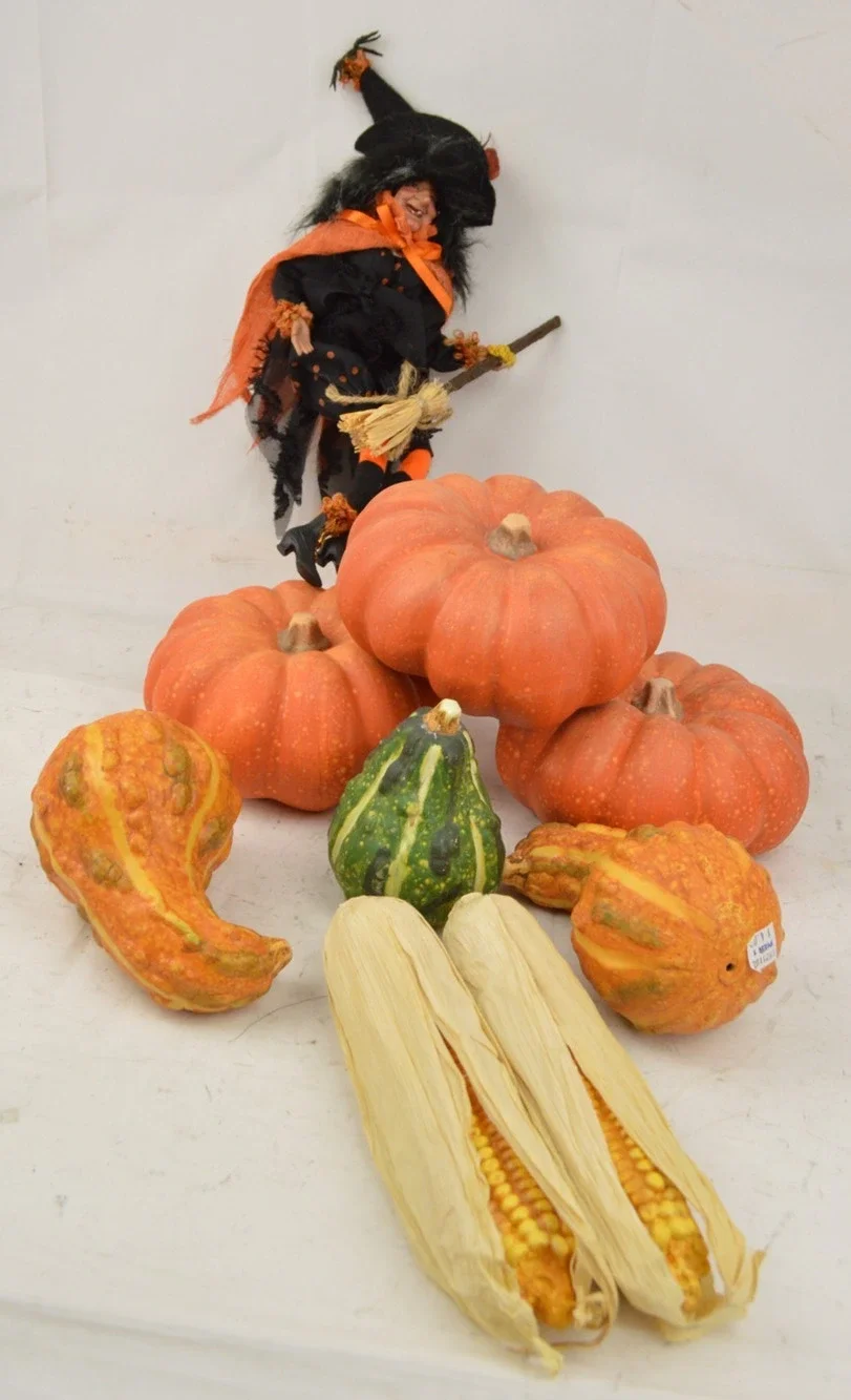 Pier 1 Fall Halloween Decor Lot Pumpkins Gourds Corn Witch Doll Autumn Harvest